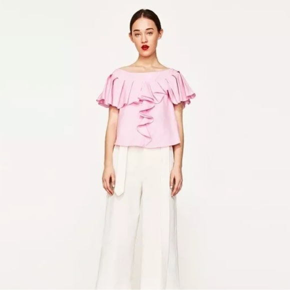 NWT! ZARA Barbie Coquette Light Pink Off Shoulder Ruffle Top Blouse XS - Picture 8 of 9